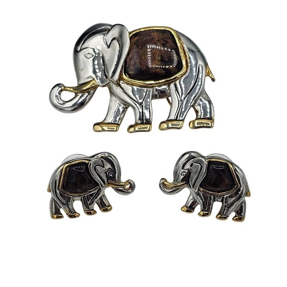 Elephant Brooch Earring Set Gold SilverTone Jewelry Unique Animal Design Vintage - Picture 1 of 11